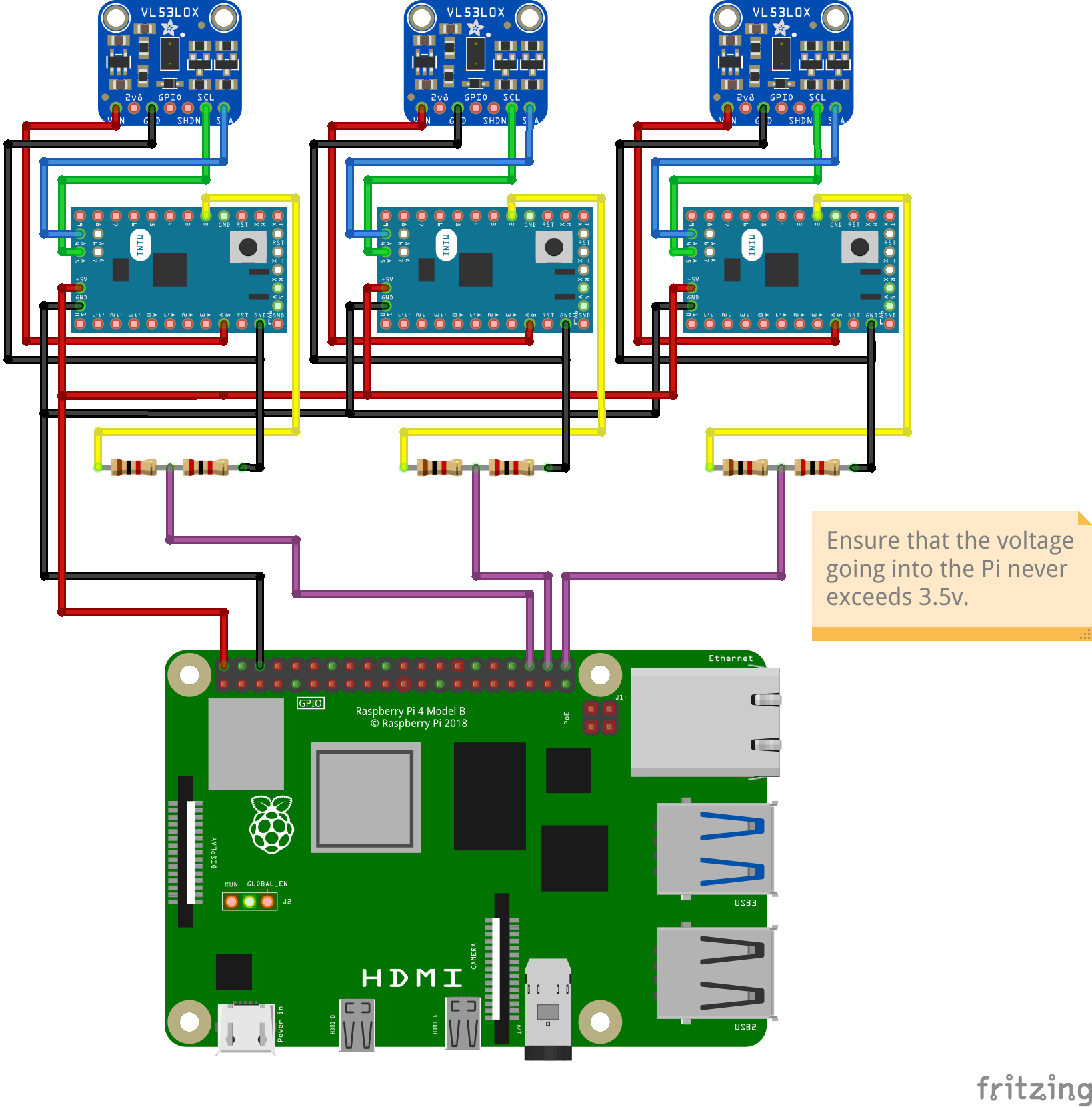 Example use of VL53L0X sensors each connected to an Arduino, and sending a signal to the Pi's GPIO. Example use of VL53L0X sensors each connected to an Arduino, and sending a signal to the Pi's GPIO.